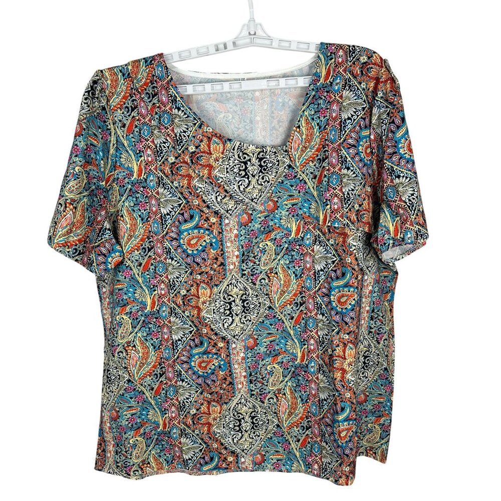 Beautiful Paisley Print Short-Sleeve Blouse 3XL Relaxed Fit Multicolor Polyester